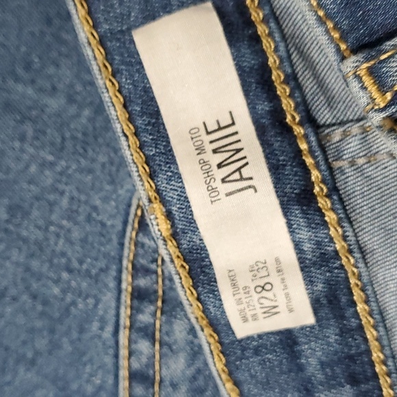 TOPSHOP JAMIE MOTO BLUE DENIM JEANS SIZE 28 x 32 RAW HEM - Picture 8 of 8